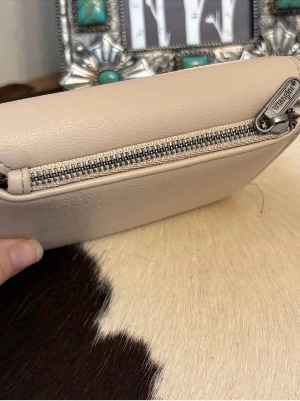 Wrangler Beige Faux Leather Crossbody Wallet with Brown Logo Patch